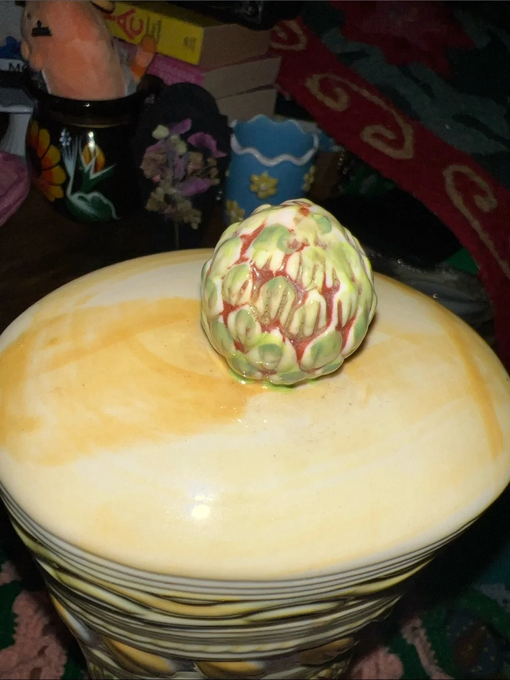 Vintage Italian Majolica Ceramic Oval Pasta Storage Canister Artichoke Top